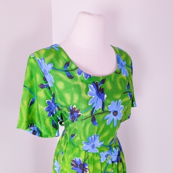 80's Babydoll Floral Dress Maxi Short Sleeve Waist Tie Long Floor Length - Picture 9 of 14